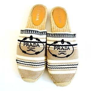 Prada Beige Black stripe cloth logo embroidered slip on flat mules EU 41